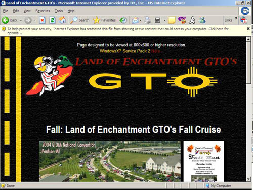 Example of Blocked Content Message, note pale yellow message box at top of browser window in image.